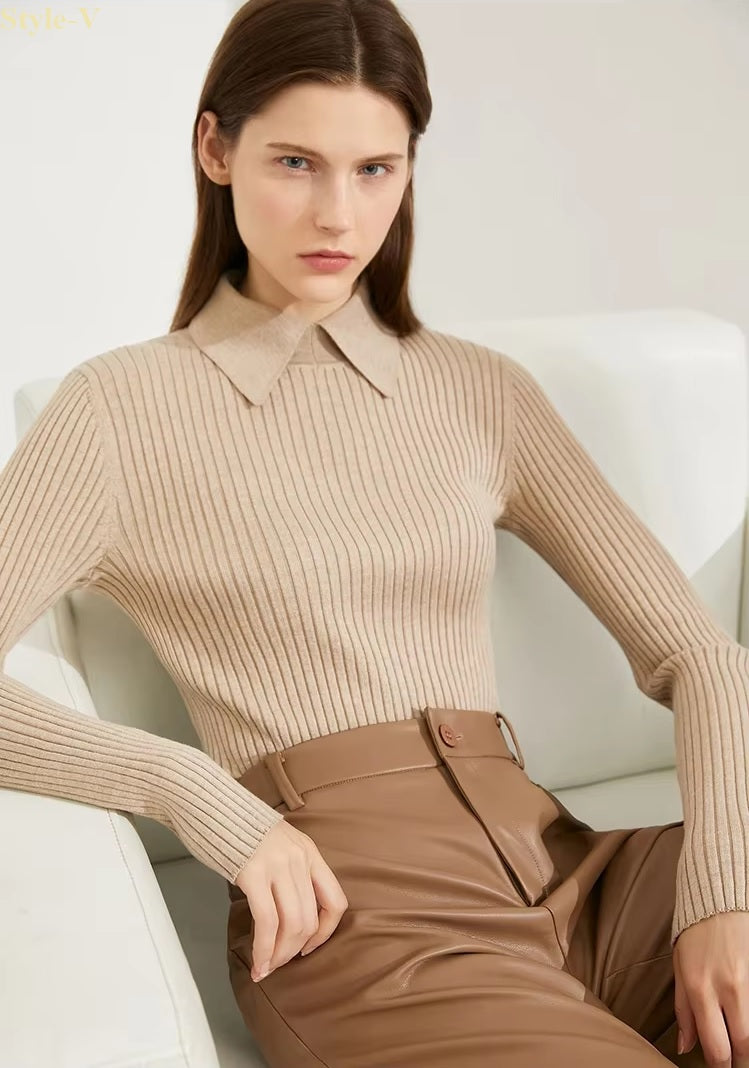 Style-V- Pull Femme à Col Rabattu, à Rayures Subtiles - Look Classique et Sophistiqué