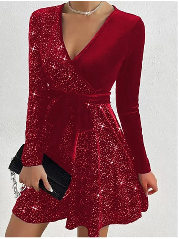 Sexy Deep V-Long Sleeved Sequined Dress Women&