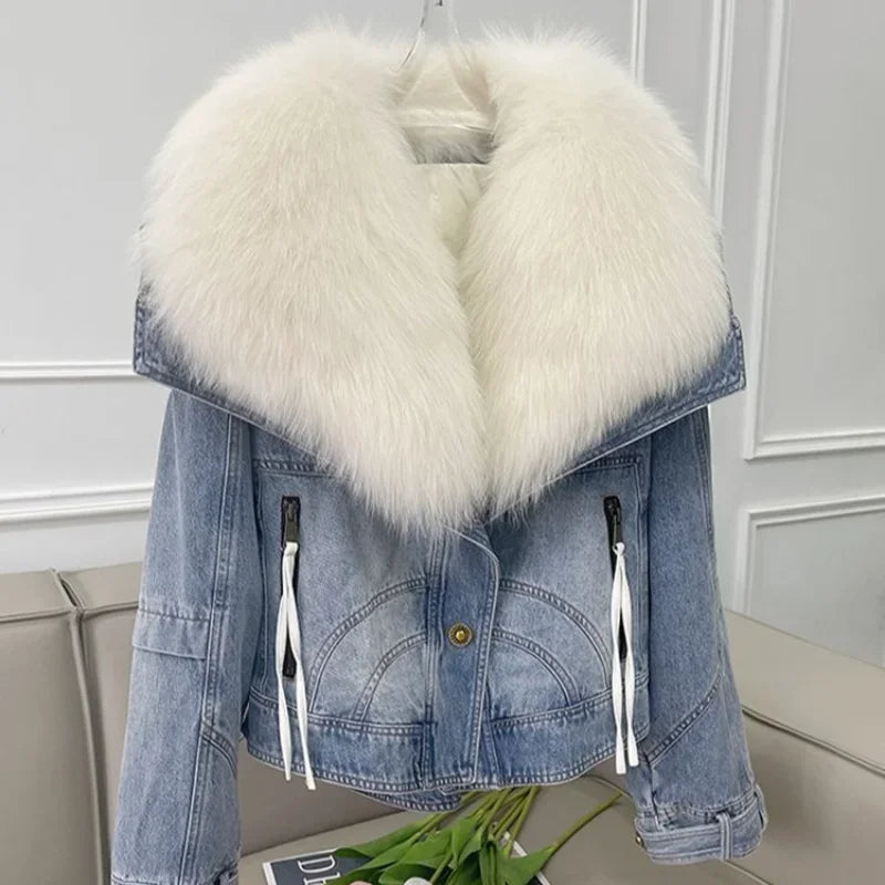 Frost Luxe - Veste Courte en Jean Épais avec Col en Fourrure Amovible pour l&