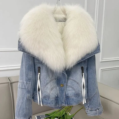 Frost Luxe - Veste Courte en Jean Épais avec Col en Fourrure Amovible pour l&