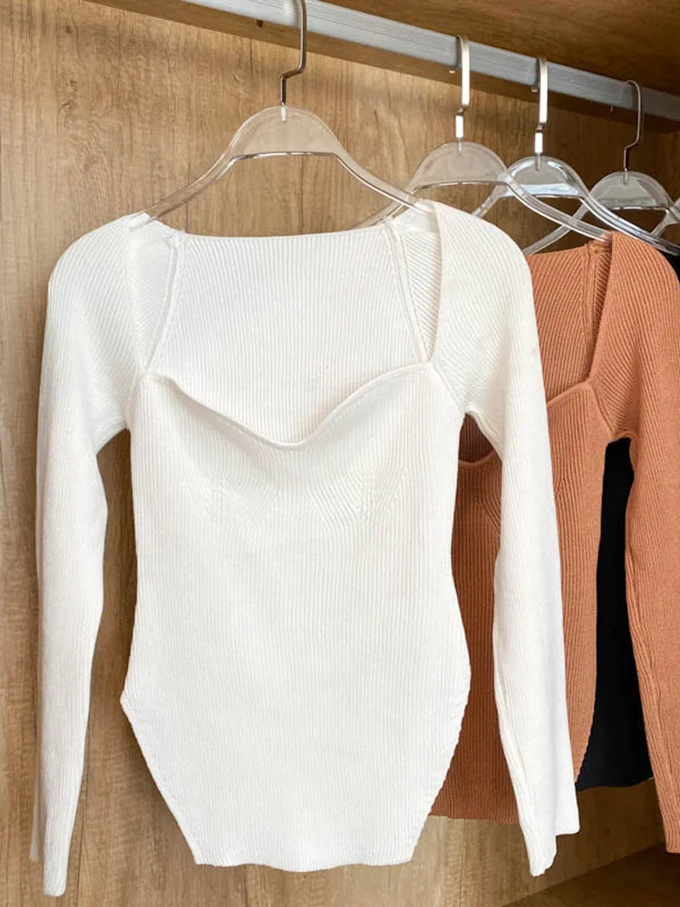 &quot;Vestina&quot; - Haut Jumper Femme à Col Carré Manches Longues, Casual et Mode - Élégance Minimaliste