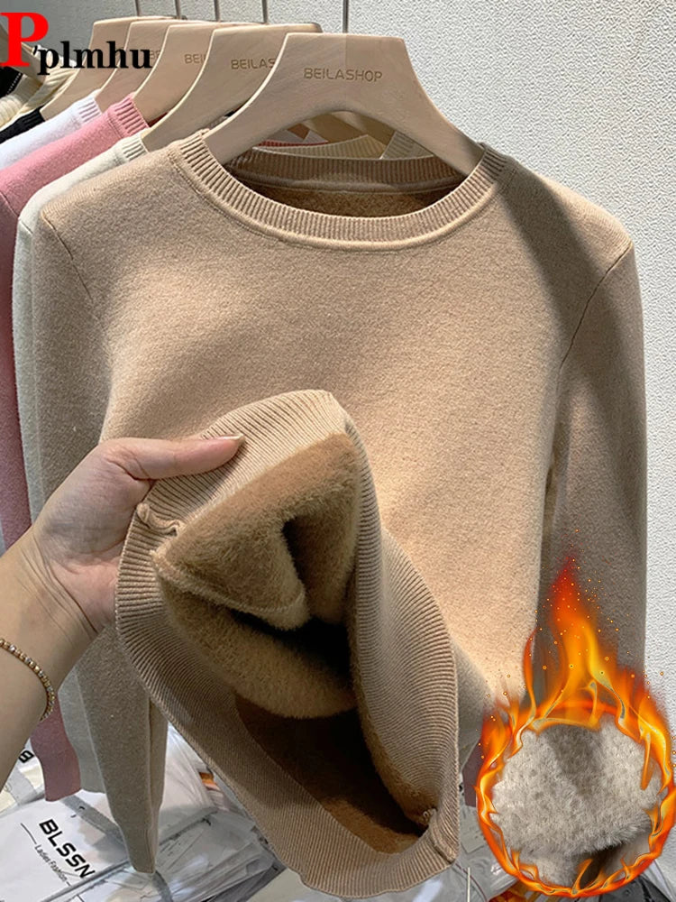 &quot;Dolce calor&quot; -Pull Hiver pour Femme à Col Rond, Épais et Confortable, Laine Doublé de Velours