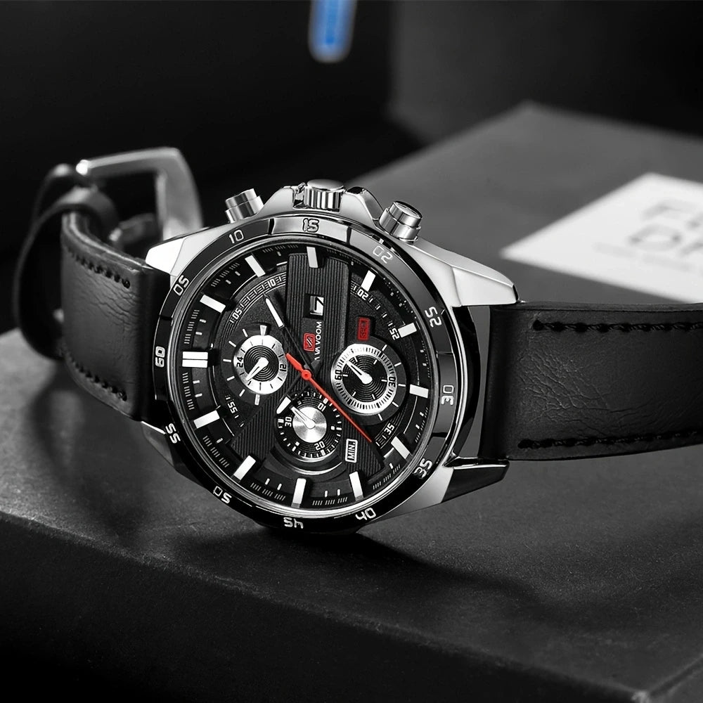 Racer Luxe - Montre Homme Sportive 46mm, Bracelet en Cuir, Design Élégant et Fonctionnel avec Calendrier Quartz