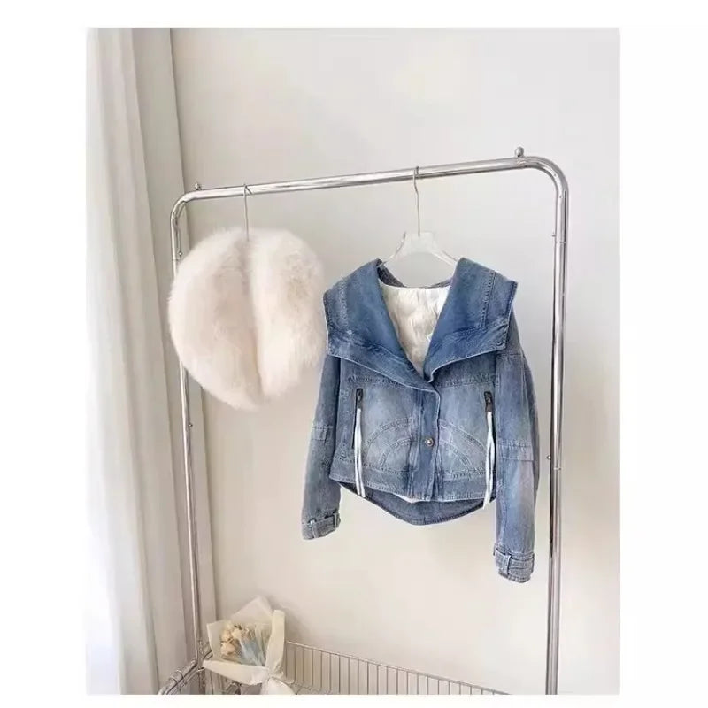 Frost Luxe - Veste Courte en Jean Épais avec Col en Fourrure Amovible pour l&