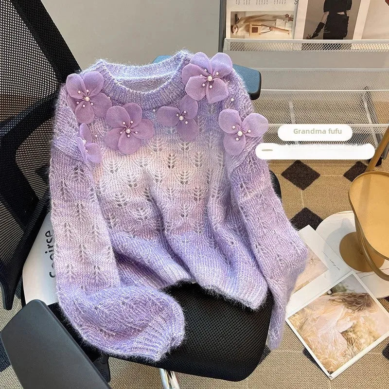 Flor de Violeta - Veste Pull Femme à Design Unique, Dégradé avec Broderie Florale Élégante