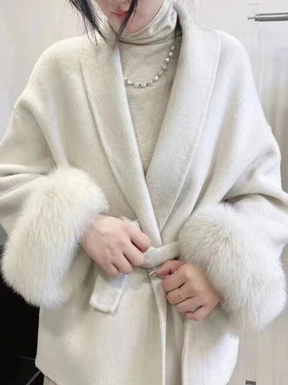 UCXQ Elegant OL Office Lady Overcoats Fur Patchwork Long Sleeve Woolen Coat Beautiful Women&