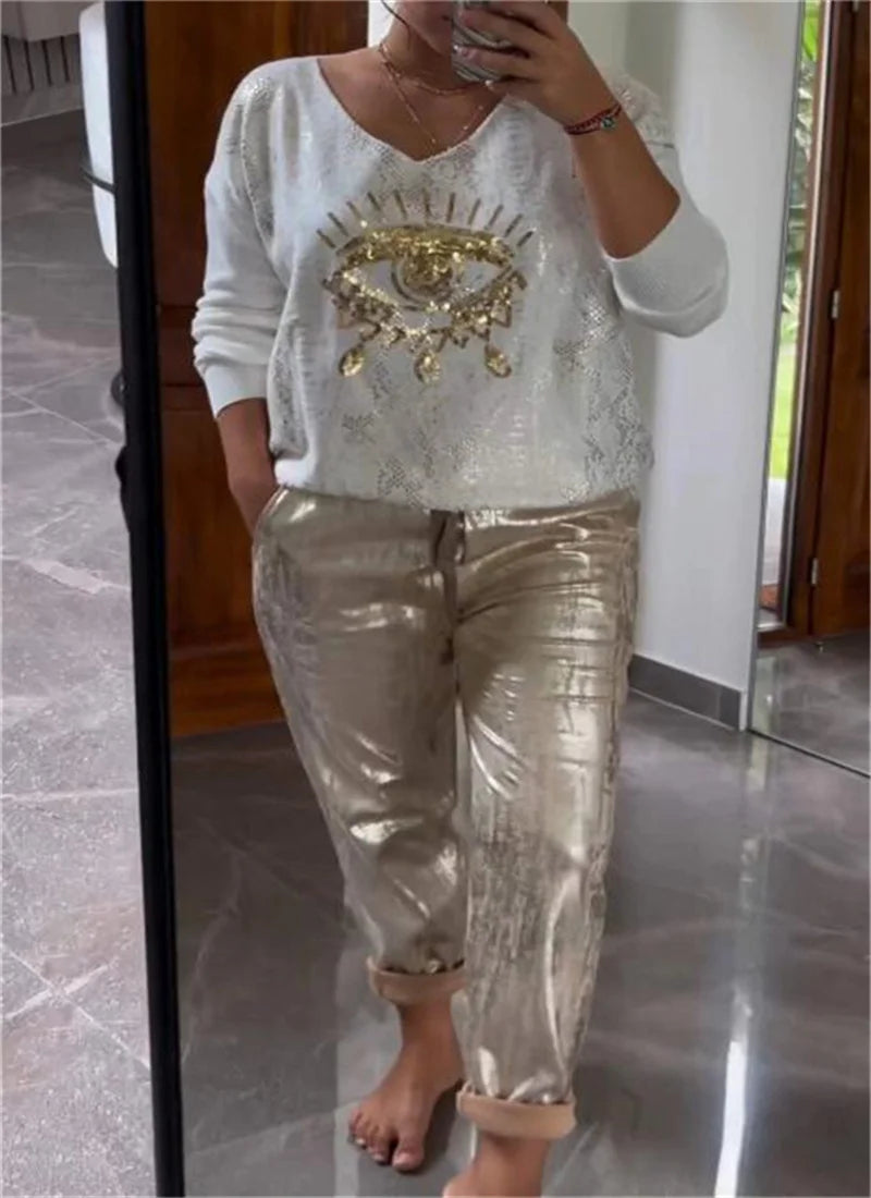 Estrella Brillante - Ensemble Mode Femme à Paillettes , Haut et Pantalon Style Brillant et Audacieux